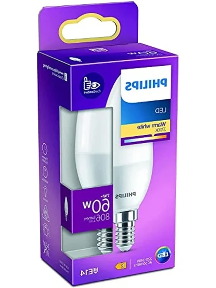 Philips LED 60W B38 E14 Mum Tipi Sarı Işık Dim Edilmez Ampul Tekli Paket ürün görseli 1