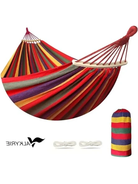 2 Kişilik Renkli Kanvas Hamak 260x150 cm Taşıma Çantalı Ahşap Çubuklu Bahçe Kamp Hamağı Kırmızı ürün görseli 1