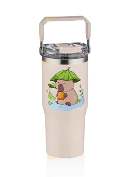 Diller 950ml Sevimli Kapibara Tumbler Pipetli/Pipetsiz Kullanım Kulplu Paslanmaz Çelik Capybara Termos ürün görseli 1
