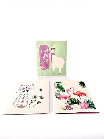 Tekrar Kullanılabilir İsveç Bezi, 3'lü Paket Flamingo-Lama-Kedi Desenleri ürün görseli 1