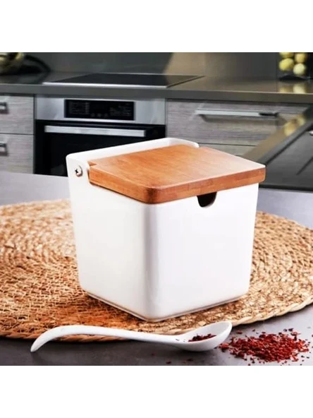 Bambu Kapaklı Tuzluk, Porselen Kaşıklı Saklama Kabı ile Pratik Kullanım ürün görseli 1