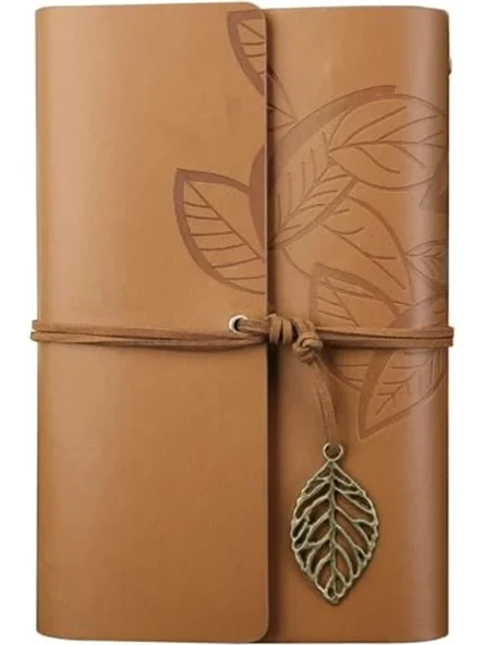Retro Tasarımlı Yaprak Baskılı Deri Kapaklı Günlük Defter, Açık Kahverengi ürün görseli 1