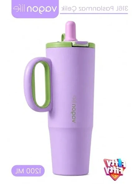 1200 ML kapasiteli paslanmaz çelik termos, pipetli ve kulplu tasarım ürün görseli 1