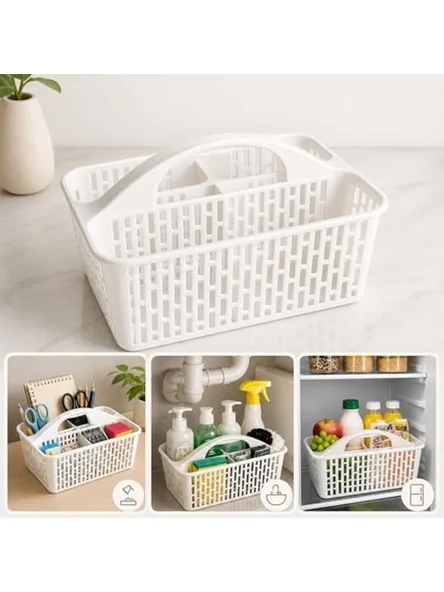 Çok Amaçlı 3 Bölmeli Kulplu Organizer Sepet, Beyaz Plastik ürün görseli 1