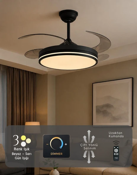 German Black Kuhle Tavan Vantilatörü 3 Renk Led Gizli Pervaneli Kumandalı Dimmer Ayarlı Bl Sistem Isınmaz Motor ürün görseli 1