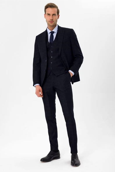 Slimfit Armürlü Yelekli Takım Elbise ürün görseli 1