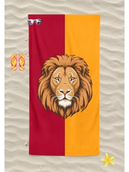 Sarı Kırmızı Aslan Desenli Dijital Baskılı Plaj Havlusu ürün görseli 1