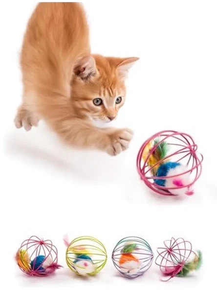 Metal Kafesli Peluş Fareli Kedi ve Köpek Oyuncağı - Eğlenceli Oyun Topu ürün görseli 1