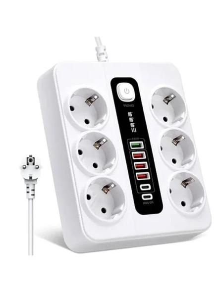 3000W 6'lı Priz Uzatma Kablosu - 4 USB, 2 Type-C Giriş ürün görseli 1