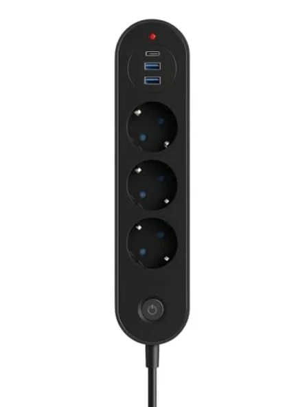 3’lü Priz | 2 USB-A + 1 USB-C | Termal Akım Korumalı, 2500W Güç, Aç/Kapa Anahtarlı ürün görseli 1