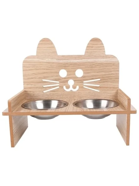 Ahşap Kedi Mama ve Su Kabı ile Paspası - Çift Metal Hazneli ürün görseli 1