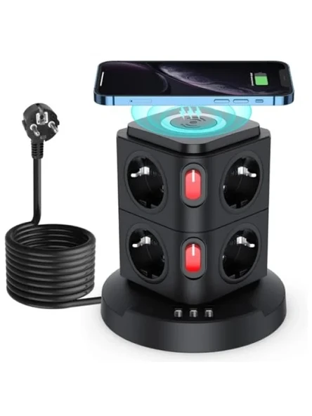 Akım Korumalı Kule Tipi Priz İstasyonu - 8 Priz, 2 Type-C, 1 USB Girişi ürün görseli 1