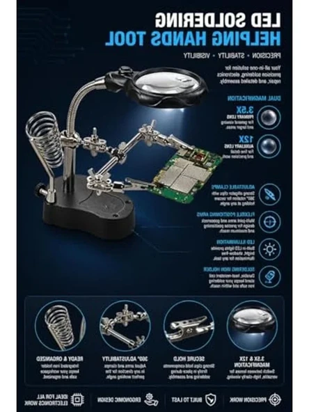 LED Işıklı Büyüteçli Lehimleme Standı, Ayarlanabilir - Resim 3