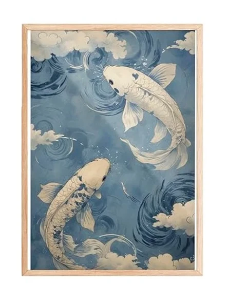 Mavi Tonlarda Koi Balıkları ve Japon Dalgaları Temalı Ahşap Çerçeveli Tablo, 30 x 40 cm ürün görseli 1