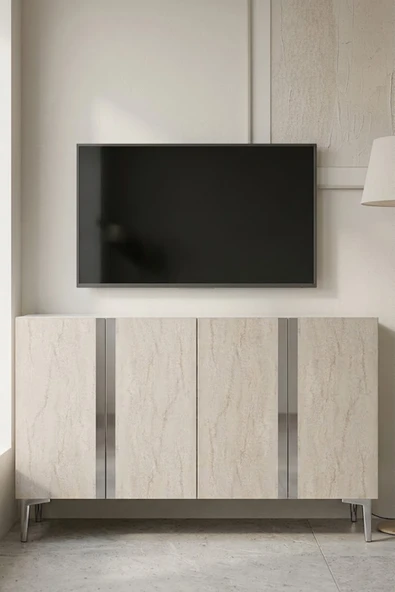 KA1298BTS ANKA Konsol ve Tv Sehpası Beyaz-Traverten-Silver 120cm ürün görseli 1