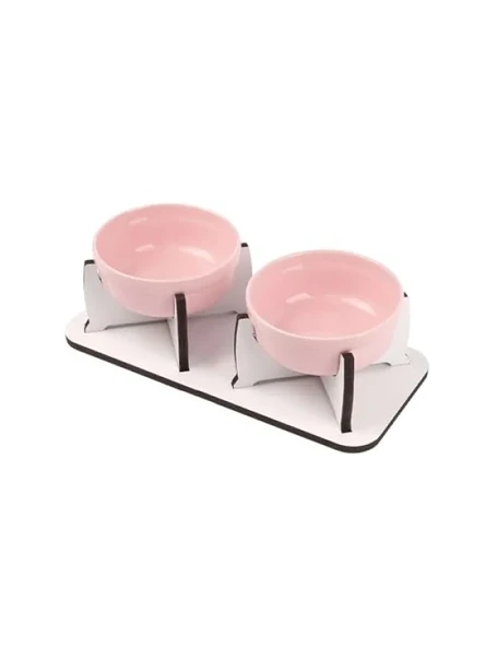 Ahşap Tabanlı Kaymaz Mama ve Su Kabı Seti (2'li, Pembe Seramik) ürün görseli 1