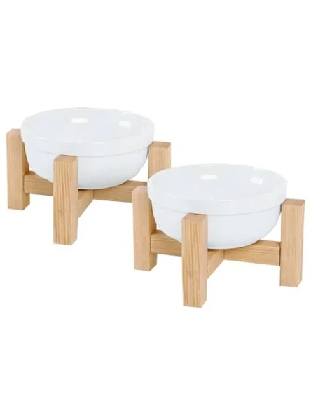 Ahşap Standlı Seramik Kedi Mama ve Su Kabı Seti ürün görseli 1