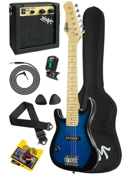 Çocuklar İçin Mavi Siyah Amfili Elektro Gitar Seti - 30 İnç ürün görseli 1