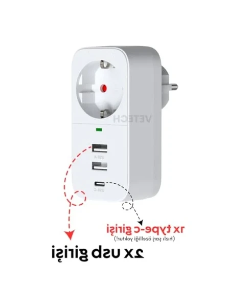 Akım Korumalı USB ve TYPE-C Girişli Priz - Resim 2