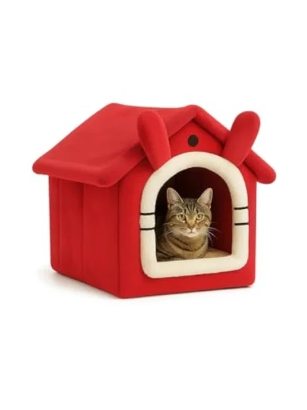 Yumuşak Kedi Yatağı | Derin Uyku Evi, Çıkarılabilir Minderli, Isı Yalıtımlı (Kırmızı) ürün görseli 1