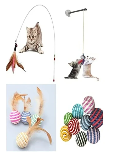 4'lü Kedi Oyun Seti: İp Sarma Top, Vantuzlu Oltası, Tüylü Top ve 90 cm Olta ürün görseli 1