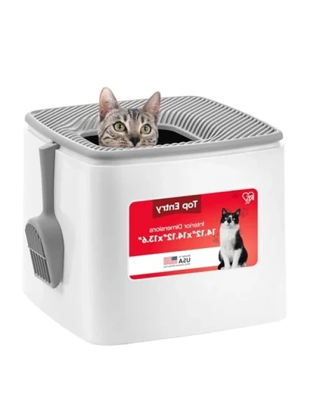 Büyük Boy Üst Girişli Kedi Kumu Kutusu - Beyaz/Gri ürün görseli 1