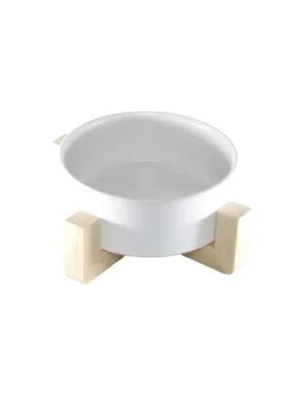 Ahşap Stand ve Seramik Kase ile Minimalist Kedi Mama/Su Kabı Tekli (Beyaz) ürün görseli 1