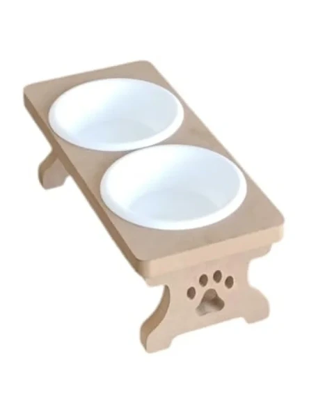Ahşap Demonte Kedi Mama ve Su Kabı - 2 Plastik Taslı ürün görseli 1
