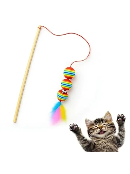 Gökkuşağı Renkli Tüylü Olta Kedi Oyuncağı - 40 cm ürün görseli 1