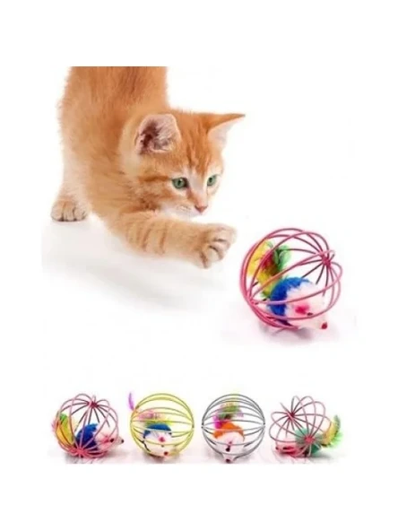 Renkli Metal Kafesli Peluş Fareli Kedi Oyuncağı - Eğlenceli Tüylü Top ürün görseli 1