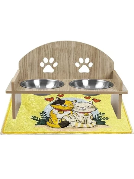 Çift Hazneli Ahşap Kedi Mama ve Su Kabı, Paspas ile ürün görseli 1