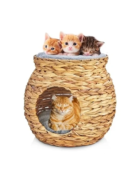 Doğal Hasırdan El Yapımı Çift Katlı Kedi ve Köpek Yuvası, Yumuşak Minderli, 48x48x45 cm ürün görseli 1