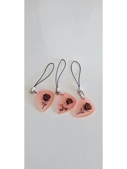 Gül Desenli Neon Pembe Reçine Gitar Plektrum, Telefon Askılı ürün görseli 1