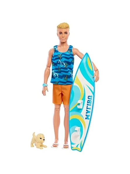 Barbie Sörf tahtası ile Ken bebek, Bükülebilir Sarışın Barbie, Havlu gibi Temaya Uygun Aksesuarlarıyla Ken Plaj Bebeği, HPT50 ürün görseli 1