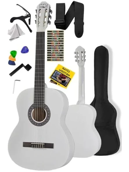 Beyaz klasik gitar, 4/4 boyut, sap ayarlı tam set ürün görseli 1