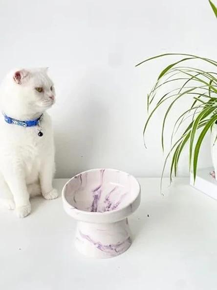 Seramik Kedi ve Köpek Mama Su Kabı - Mor Beyaz Ebru Desen ürün görseli 1