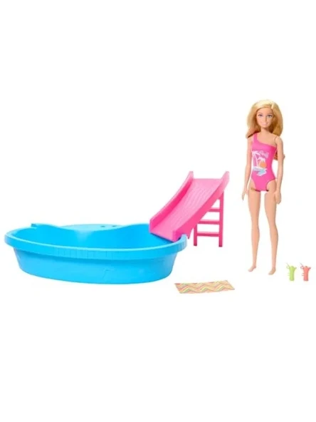 Barbie Bebek ve Havuz Oyun Seti Barbie bebek ve havuz oyun seti, sarışın bebek, havuz, kaydırak, havlu ve içecek aksesuarları HRJ74 ürün görseli 1