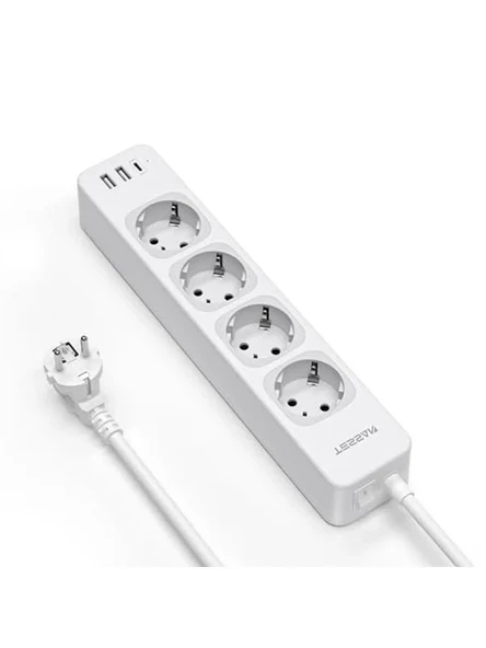 4 Yollu Çoklu Priz, 2 Metre, Anahtarlı ve USB Girişi ile ürün görseli 1