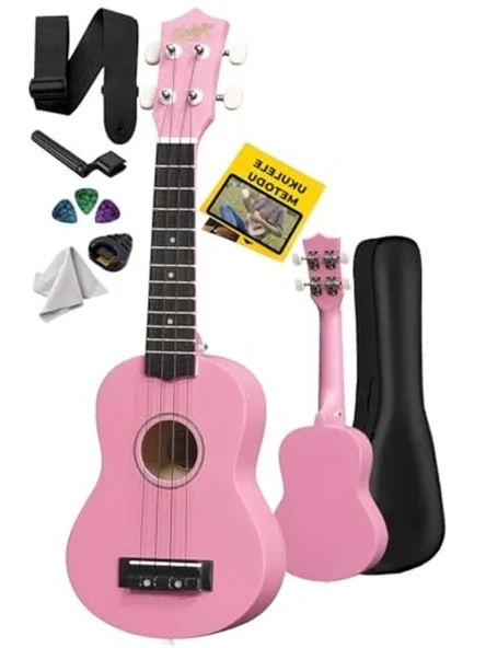 Pembe Renkli Soprano Ukulele, Askı ve Çanta ile Birlikte ürün görseli 1