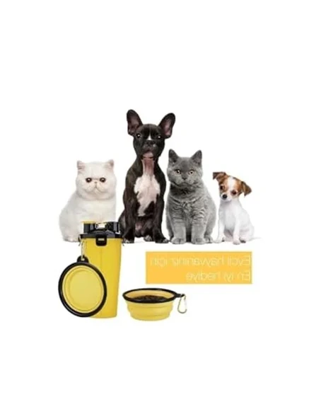 FloriaShopping Katlanabilir Kaseli Yeni Seyahat Kedi, Köpek Mama ve Su Şişesi Sarı ürün görseli 1