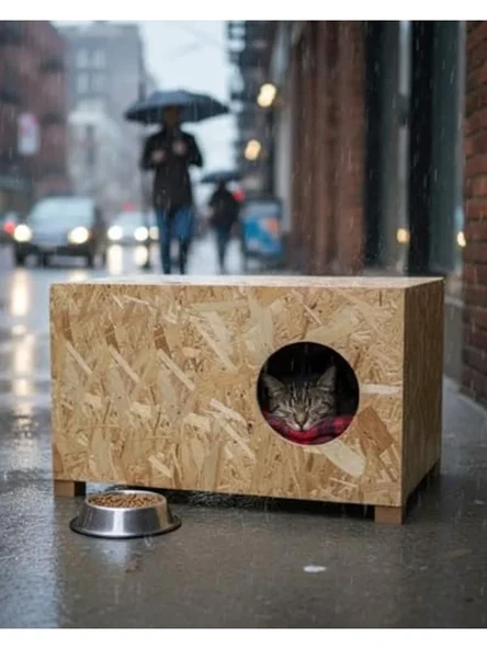 Ahşap Dış Mekan Kedi Evi - 60x40x30 cm Boyutlarında ürün görseli 1