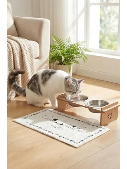 Çift Kaseli Pet Mama Kabı, Ahşap Stand, Paspas Hediyeli ürün görseli 1
