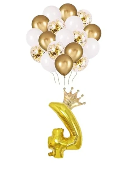 4 Rakam Gold Folyo Balon, Kral Tacı Ve Konfetili Gold Balon ürün görseli 1