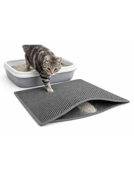 60x45 cm boyutunda çift katlı elekli kedi tuvalet önü paspası, gri ürün görseli 1
