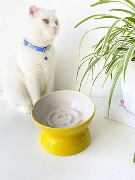 Sarı renkli seramik yavaş yeme mama kabı, kedi ve köpek için ürün görseli 1