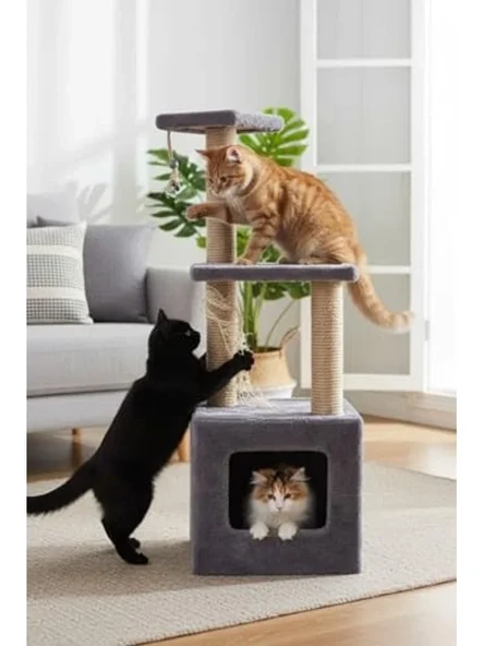 Yuvalı kare ev kedi tırmalama, basamaklı gri tasarım ürün görseli 1