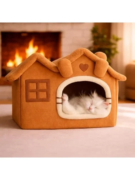 Peluş Kedi Evi, Minderli, Katlanabilir, Camel Renk - Resim 3