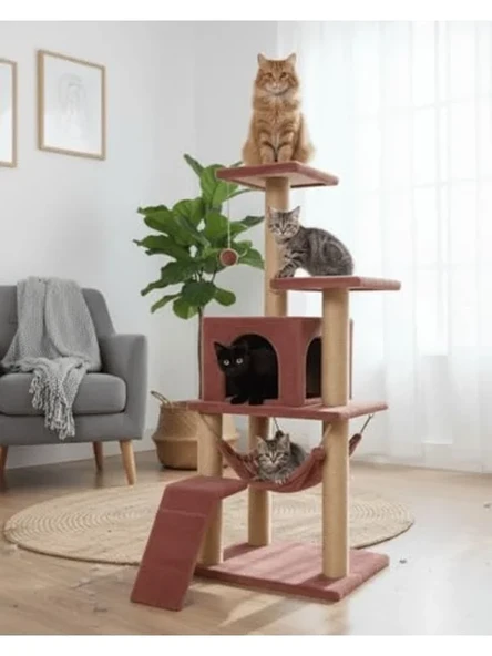 Gül Kurusu Renkli Hamaklı Lüx Kedi Tırmalama Oyun Evi ürün görseli 1