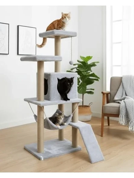 Platformlu Gri Kedi Tırmalama Kulesi, Oyun Evi ürün görseli 1