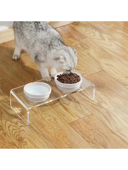Çift Hazneli Seramik Kedi Mama Kabı ve Paspası, Beyaz Renkli, Şık Tasarım ürün görseli 1
